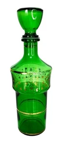 VTG MCM 60s JAY Emerald Green Glass Barware Liqueur Decanter 24kt Gold Clovers - Picture 1 of 10