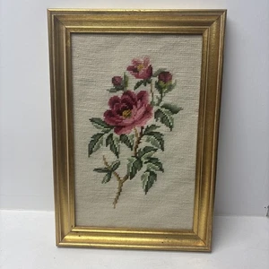 Vintage gerahmtes Wollnadelspitze rosa Rosen Bild Wanddeko - Bild 1 von 11