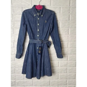 Polo Ralph Lauren Blue Denim Button Down A Line Dress Girls Size 8 NWT Belted - Picture 1 of 6