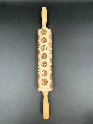 Wooden Embossed Rolling Pin Emoji Faces Cookie Dough Stamp Roller Baking Tool - Image 1 of 4