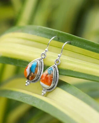 Exuberante Pendiente Ostra Cobre Turquesa Piedras Preciosas Plata de Ley 925 Hecho a Mano S-39 Foto 1 de 4