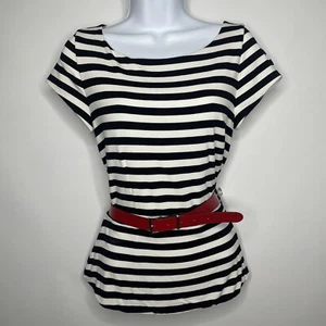 WHBM Retro 80er schwarz weiß gestreift Jersey Gürtel Schößchen T-Shirt Top Gr. S - Bild 1 von 8