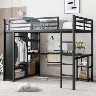 Full Size Loft Bed Frame w/ Built-in Wardrobe Metal Loft Bed w/ Storage Shelves - Image 1 of 4