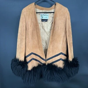 Vintage 60er braun Wildleder Leder schwarz Kunstfell Hippie Prinzessin Mantel 12 L wie abgebildet - Bild 1 von 16