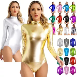Body donna metallizzato lucido finto collo maniche lunghe body danza - Foto 1 di 126