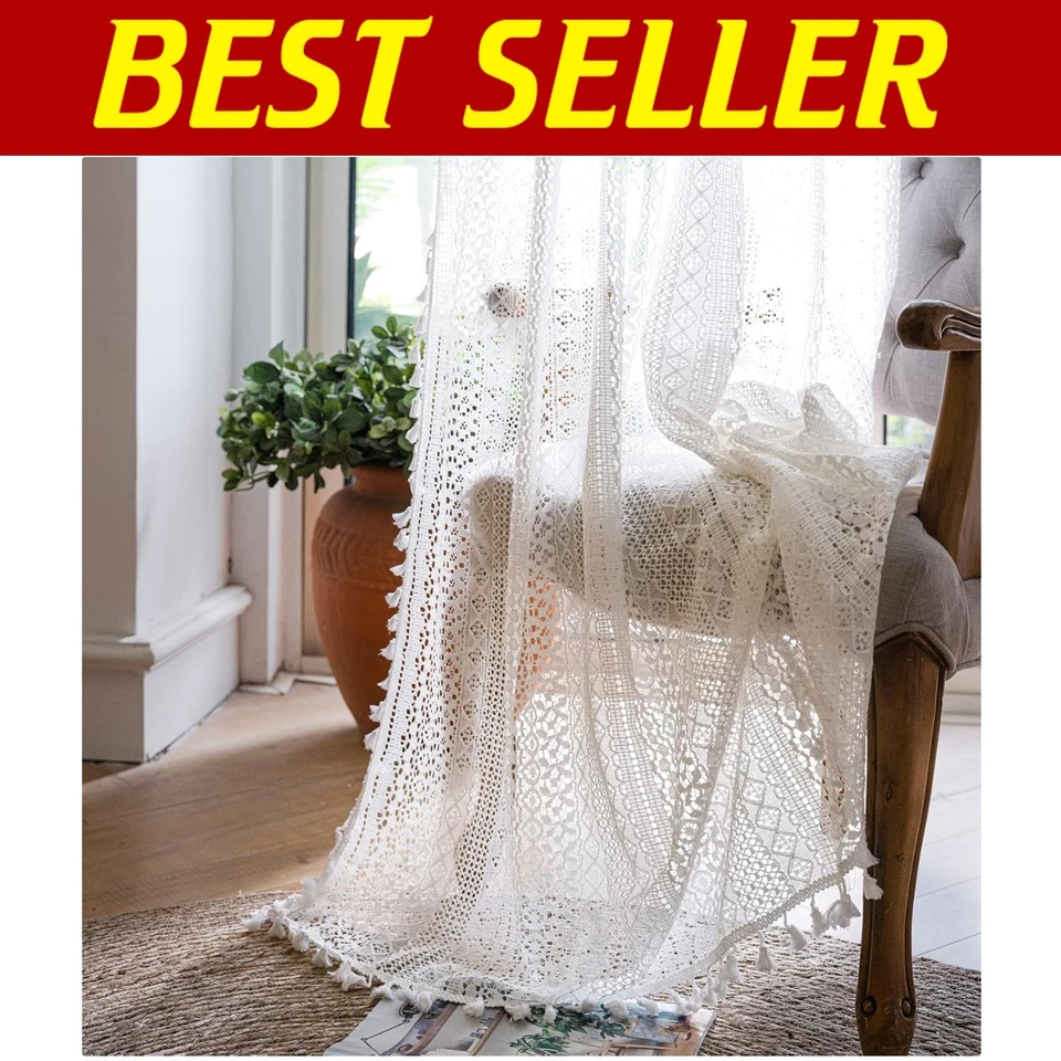 Шторы кружевные антикварные стильные белые 59 x 63 дюйма - идеально подходят для винтажных домов бохо - Изображение 1 из 4