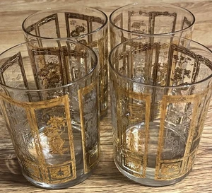 Vintage MCM Culver Style 22k Gold Asian Themed Low Ball Glasses Set of 4 - Picture 1 of 13