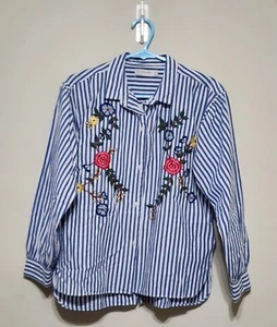 Zara Girl's Junior's Blue Floral Embroidered Stripe Long Sleeve Shirt - Size 10 - Picture 1 of 3