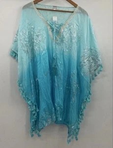Túnica Debbie Katz XL Indra Turquesa Plata Ombré Borlas Algodón Boho - Imagen 1 de 9