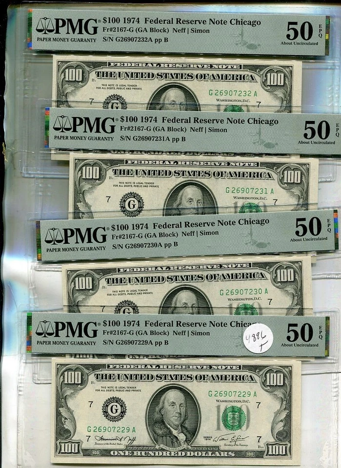 1974 $100 CHICAGO ILLINOIS CURRENCY 4 CONSECUTIVE NOTE LOT PMG AU50 4896T - Image 1 of 1