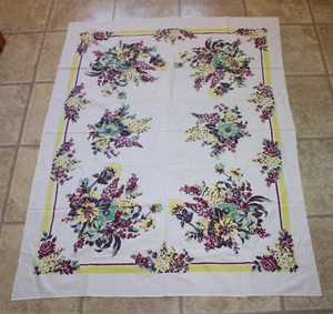 Vintage Tablecloth - Purple Flowers with Yellow Trim 48" x 62" - Imagen 1 de 6