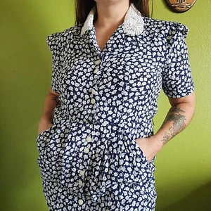 Vintage Womens Karin Stevens Navy White Floral Button-Up Dress Lace Collar Sz 4 - Picture 1 of 4