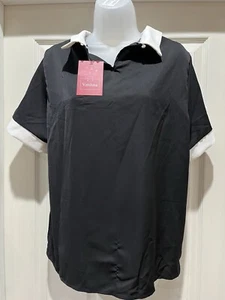 NWT Vendusa Women’s Black Polo Collared Short Sleeve Shirt Blouse Size Large - Picture 1 of 6