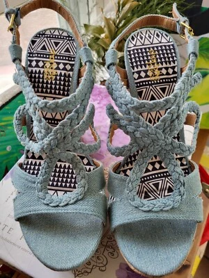 Charlotte Russe Size 8 Blue Denim Strappy Wedge High Sandals Braided Batik - Image 1 of 4