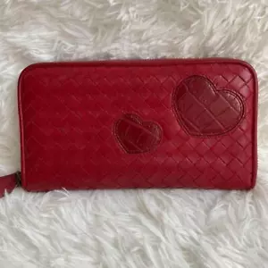 BOTTEGA VENETA Intrecciato Heart Croc Round Zipper Long Wallet Leather Red used - Picture 1 of 14