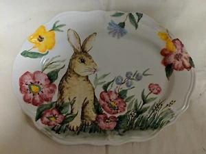Maxcera Bunny Rabbit Pink Yellow Flowers Oval Serving Platter - Picture 1 of 2