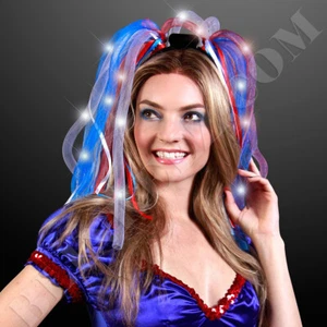 FASCE TAGLIATELLE CAPELLI ROSSO, BIANCO, BLU 4 LUGLIO LED LAMPEGGIANTI CAPELLI - Foto 1 di 3