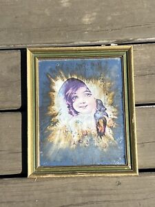 Vintage Mirror Brown Hair Girl With Bonnet Blue Picture With Bird