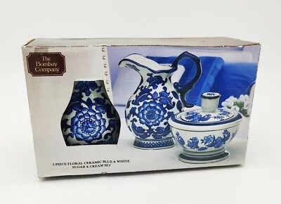 NEW! Bombay Company Blue & White Floral Ceramic Creamer & Sugar 2 Piece In Box - Image 1 of 4