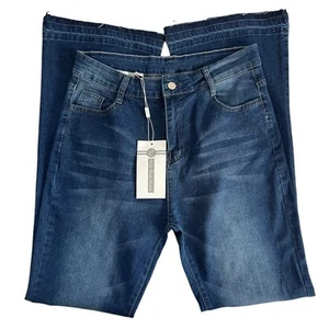 Flare Leg Jeans Medium Wash High Rise Raw Hem Boho Festival Hipster Sz 29 New - Picture 1 of 12