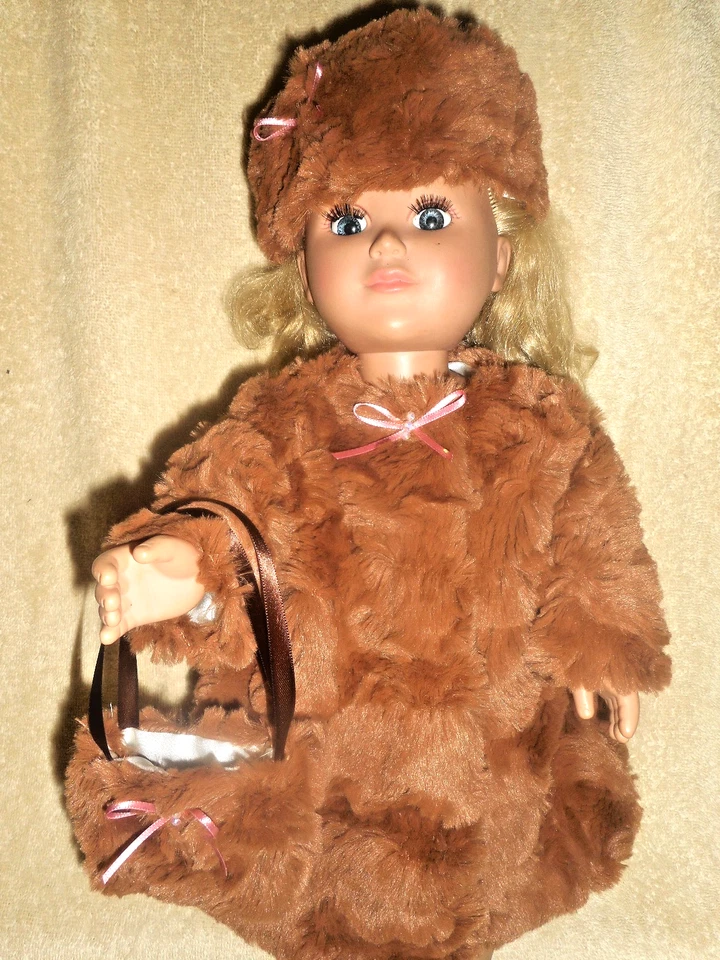 18 ropa de muñeca se adapta a muñeca AG, abrigo de piel marrón chocolate, sombrero, bolso - totalmente forrado Foto 1 de 4