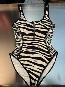 Michael Kors Size 6 Small Zebra Print Zip Ivory One-Piece Swimsuit Fully Lined - Picture 1 of 6