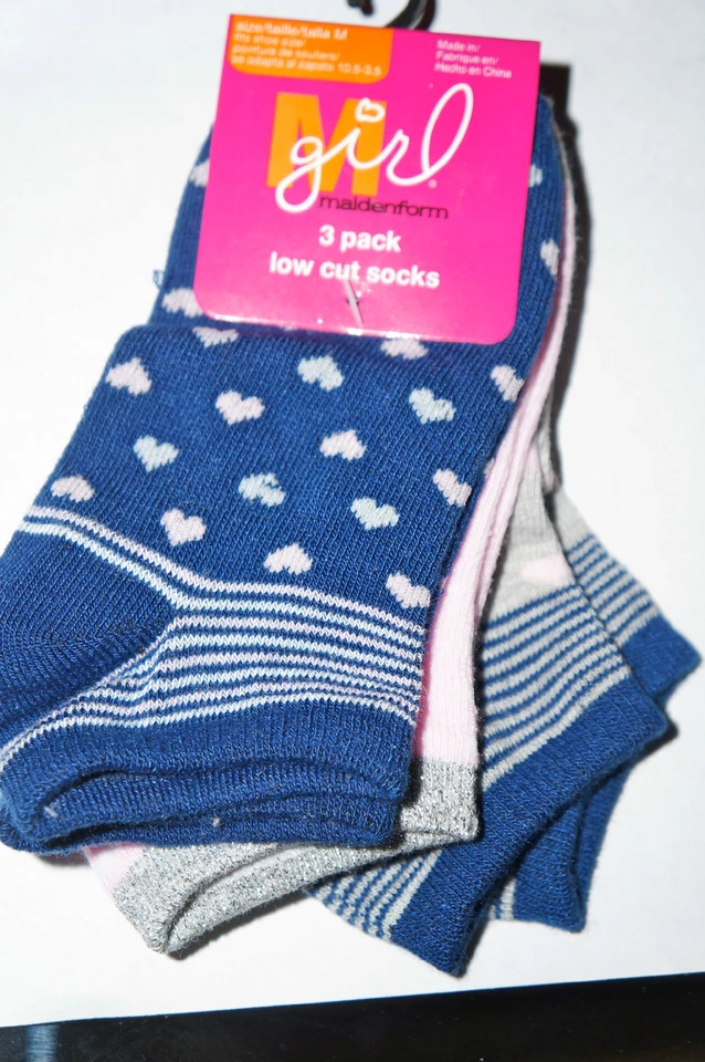 Paquete de 3 calcetines de corte bajo MAIDENFORM GIRL talla M zapato talla 10,5-3,5 azul/rosa/gris nuevo con etiquetas Foto 1 de 4