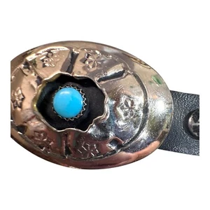 Vtg Black Leather Concho Belt Sterling Silver BC Signed Buckle & Turquoise READ - Picture 1 of 10