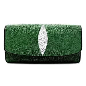 New Real Emerald Green Leather Ray Skin Women Tri-fold Clutch Wallet Purse. - Picture 1 of 12