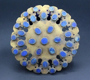 Turkmen Traditional Alpaka Gold Color Blue Enamel Beads Round Belt Buckle, - Picture 1 of 7