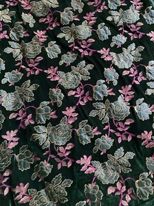 VELVET VELOUR FABRIC 60" WIDE Hunter Green With Gold embroidery patch Holiday - Picture 1 of 10