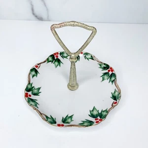 Vtg Lefton White Holly Berry Tidbit Tray Candy Dish Plate Handle Christmas - Picture 1 of 7