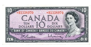 Bank of Canada 1954 $10 Beattie-Rasminsky Replacement note *B/D Asterisk VF+ - Picture 1 of 2