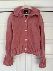 Ralph Lauren Pink Cardigan Girls 6 Collared Salmon Polo Pony Logo Knit - Picture 1 of 11