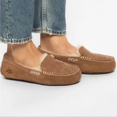 Mocassim Ugg Ansley couro genuíno camelo camurça forro de pele de carneiro modelo 3312 EUA 7 - Imagem 1 de 4