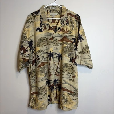 Cutter & Buck Shirt Sz XXLT Big & Tall Button Up Tan Maroon Palm Hawaiian *READ - Image 1 of 4