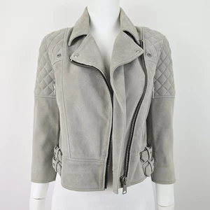 STUNNING WOMENS ALL SAINTS BEATTIE SUEDE BIKER JACKET PEBBLE PALE GREY 8 LEATHER - Picture 1 of 24