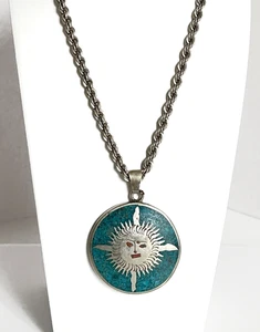 Vtg Mexico Dbl Sided Sun God Pendant w/Sterling Silver Twisted Rope Necklace 24" - Picture 1 of 6