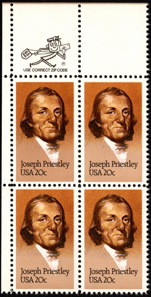 US Stamp Scott # 2038 Mint NH Zip Block 20 Cents Joseph Priestly Scientist Issue - Image 1 of 1