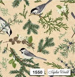 (1550) TWO Paper LUNCHEON Decoupage Art Craft Napkins - CHICKADEE BIRDS PINES - Picture 1 of 3