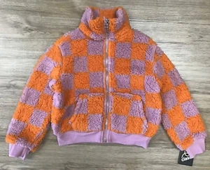 Girls' Faux-Sherpa Fleece Mock Neck Zip-Front Boxy Plaid Jacket Purple XL 14/16 - Picture 1 of 4