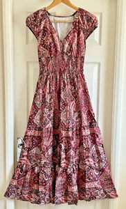 Red & Pink Paisley Shirred Waist Floaty Maxi Dress, Size S Boho Gypsy 8 - 10 - Picture 1 of 10