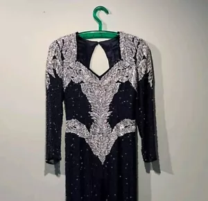 Abito vintage anni 80 Lillie rubino blu seta perline fatto a mano oro e bianco perline - Foto 1 di 24