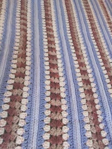 Vtg Cottage Crocheted Blanket Pink Purple Blue Afghan - - Picture 1 of 11