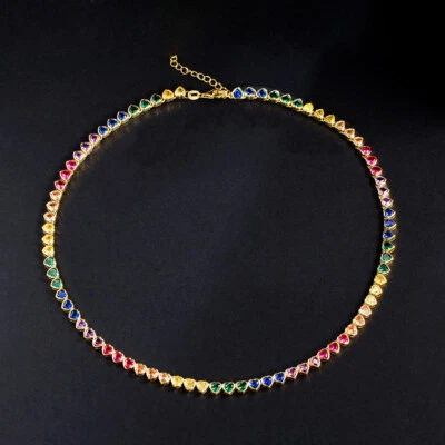 Multicolor Rainbow CZ Heart Round Choker Necklace 18k Yellow Gold Plated Jewelry - Image 1 of 4