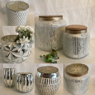 Dose Bonbon Plätzchen Keks Glas Bauernsilber Vase Windlicht Shabby weis silber - Bild 1 von 4