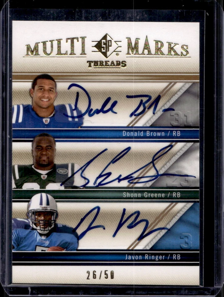 2009 SP Threads Donald Brown Shonn Greene Javon Ringer Multi Marks Auto /50 - Image 1 of 2