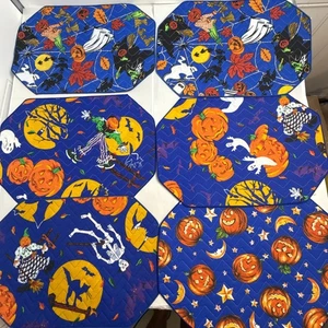 Set 6 Vintage Halloween Tischsets Stoff gesteppt Kürbis Hexe Geist 12”x18” - Bild 1 von 5