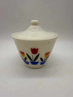 FIRE KING TULIP Ivory Off White GREASE DRIP JAR with Lid Anchor Hocking USA - Image 1 of 4