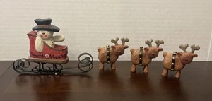 Christmas Resin Snowman in Sleigh with Metal Skids Figure & 3 Reindeer Figurines - Picture 1 of 7